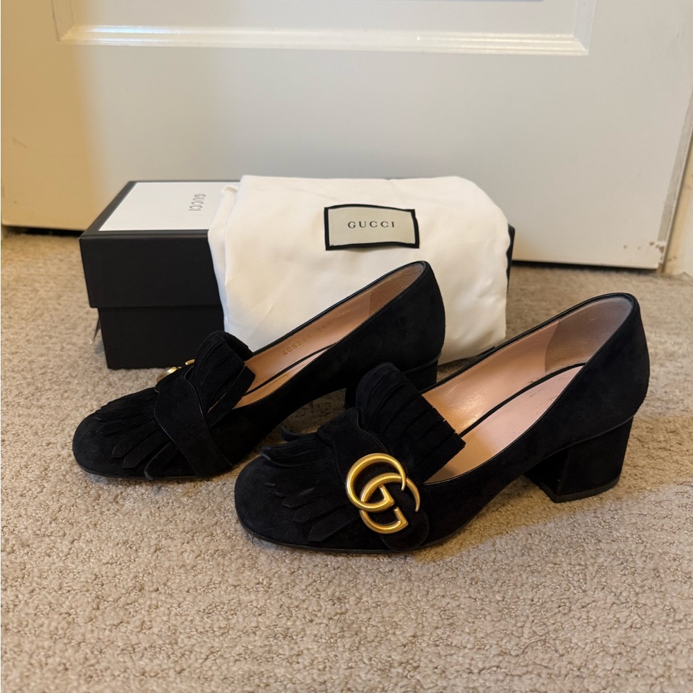 Gucci Marmont GG Suede Fringe Block Heel Black size 36.5